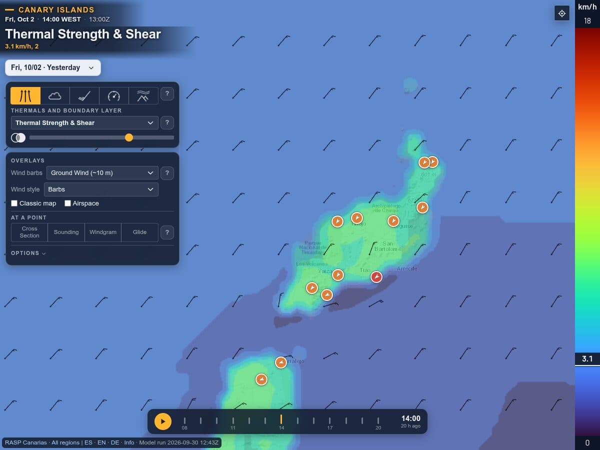 RASP forecast map of Lanzarote showing thermal strength across the island, with ground wind barbs and the flying sites marked