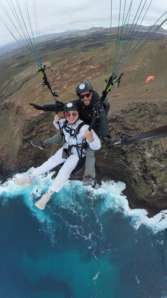 A tandem flight over the Atlantic surf in Lanzarote